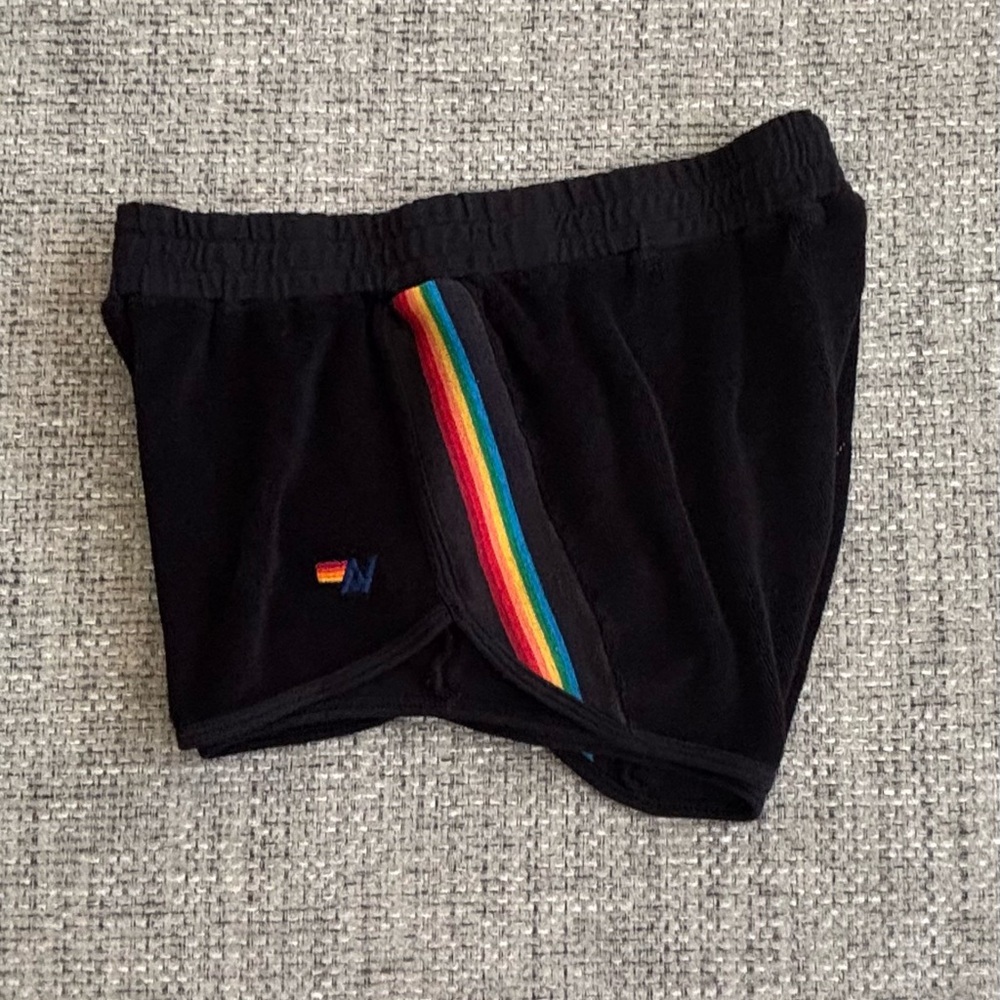 Aviator Nation Black Athletic Shorts with Rainbow Stripe